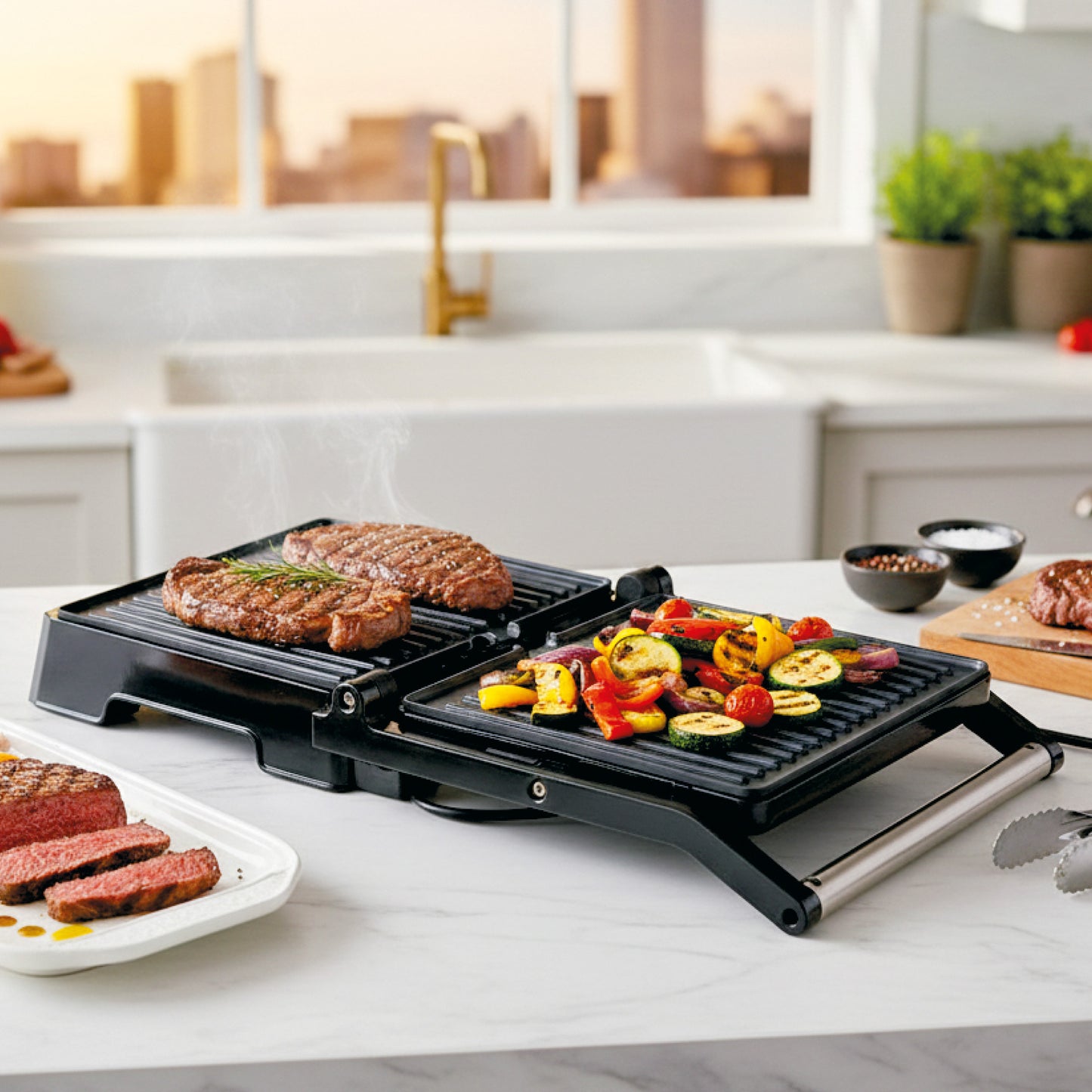 ARIVA-Grill-29x24cm-2 w 1-grill kontaktowy-grill stołowy-opiekacz do kanapek-Powłoka ceramiczna zapobiegająca przywieraniu-Timer-2000W