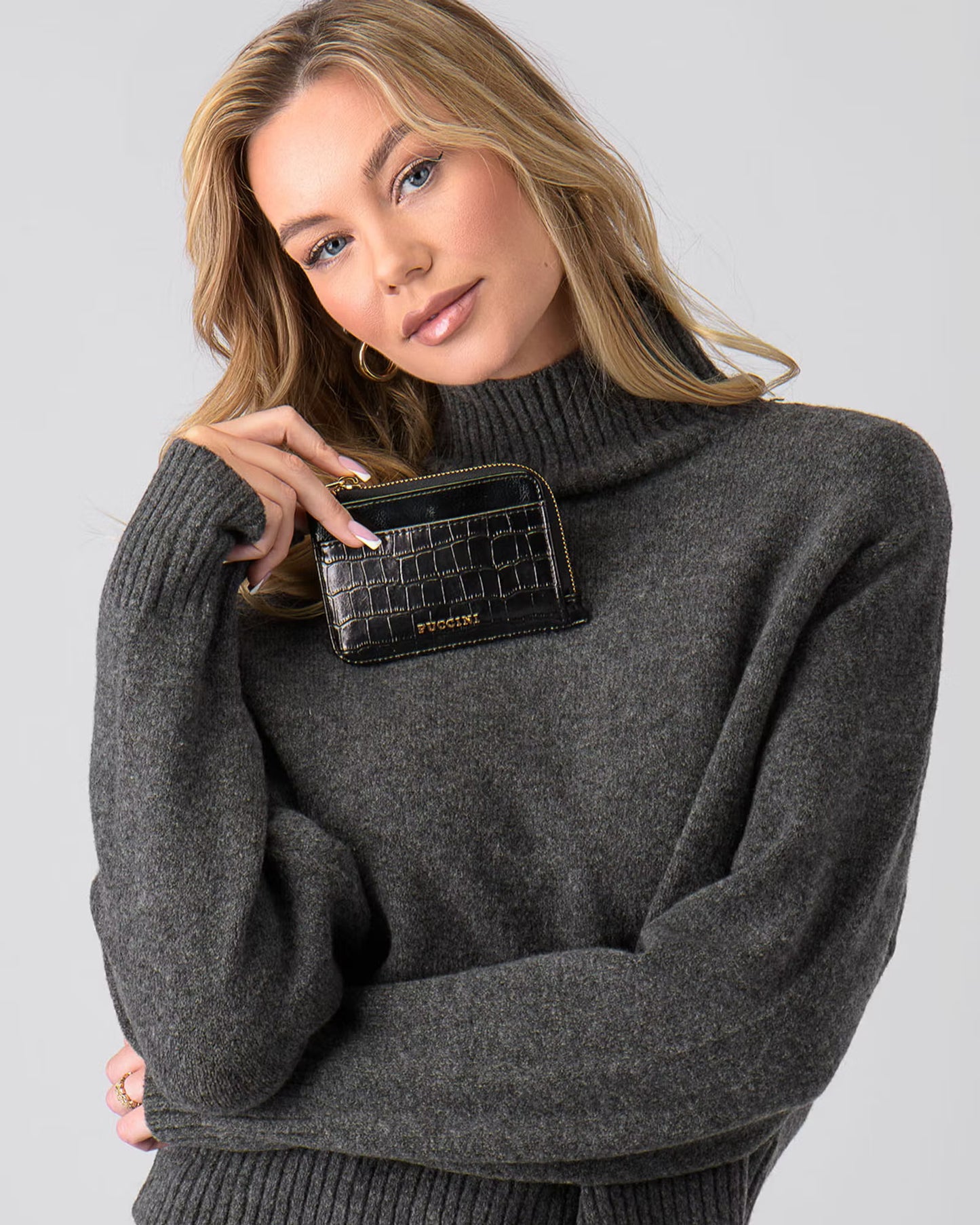 Puccini-Kleine damesportemonnee van eco-leer crocco zwart