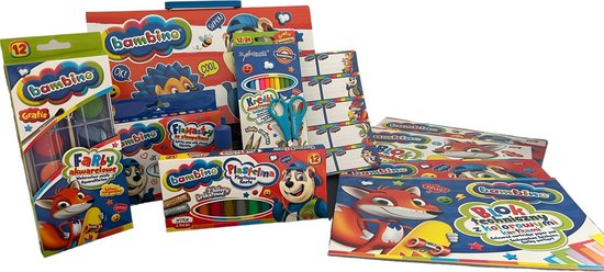 BAMBINO creatieve set met 12 kunstbenodigdheden + 20 stickers voor notitieboekjes