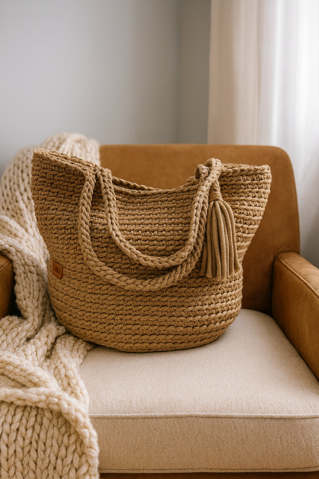 Gehaakte shopper tas handgemaakt- Karamel