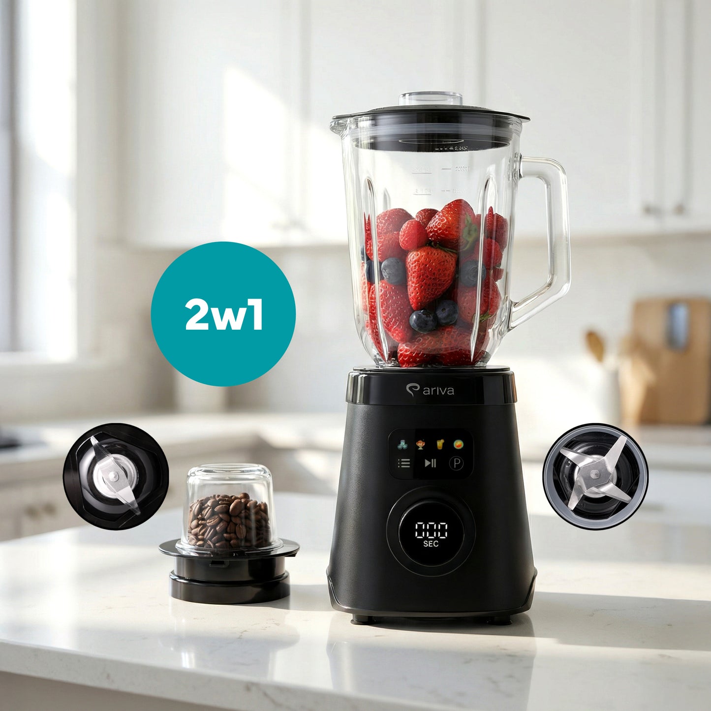 ARIVA-Blender-1500W-1.5L-2 in 1-250G kruidenmolen-Ook voor koffiebonen-Auto clean-RVS