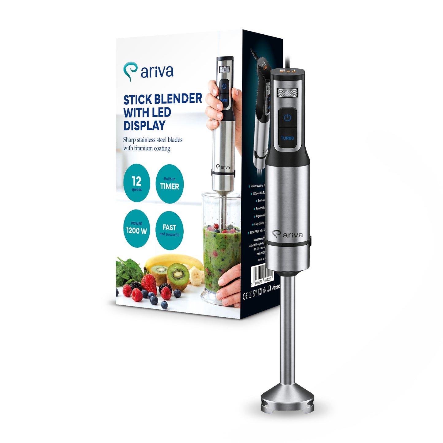 ARIVA-Staafmixer-Led-display-1500W-Mixen, hakken, blenden-Titanium mes-Timer