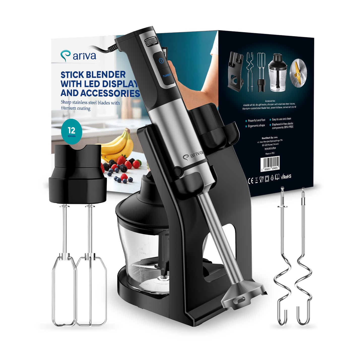 in 1-Staafmixer-Led-display-Accessoires-1500W-Mixen, hakken, kloppen-Titanium mes-0.8L-Standaard-Keukenmachine-Deeghaken-Garde