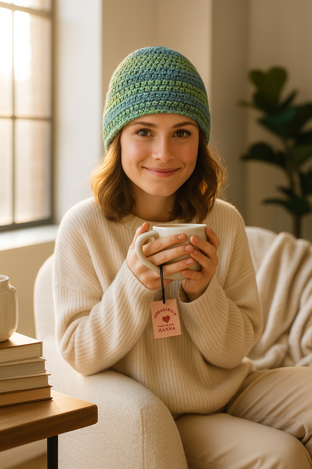 Handgehaakte muts - blauw en groen gemêleerd