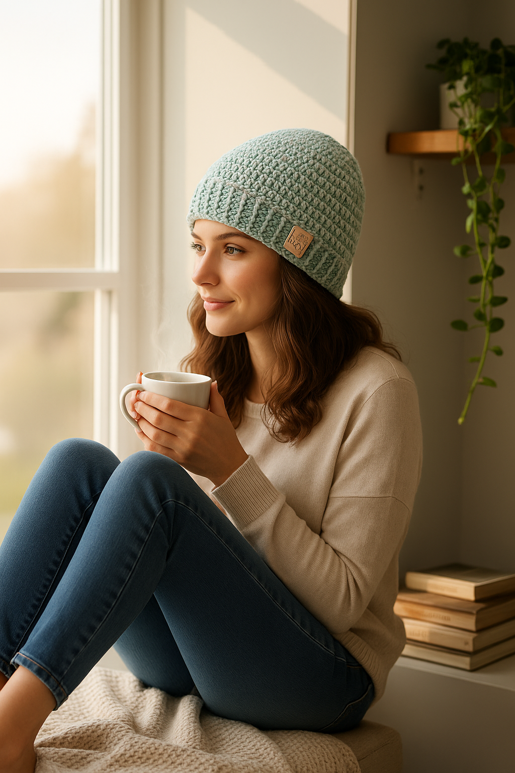Handgehaakte muts - lichtblauw gemêleerd