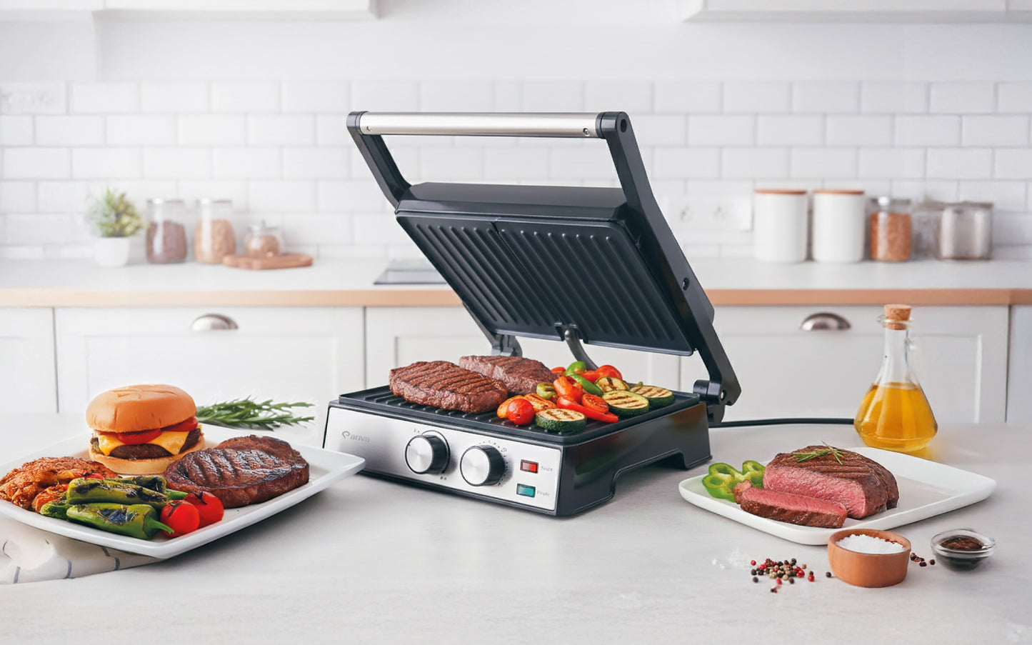 ARIVA-Grill-29x24cm-2 w 1-grill kontaktowy-grill stołowy-opiekacz do kanapek-Powłoka ceramiczna zapobiegająca przywieraniu-Timer-2000W
