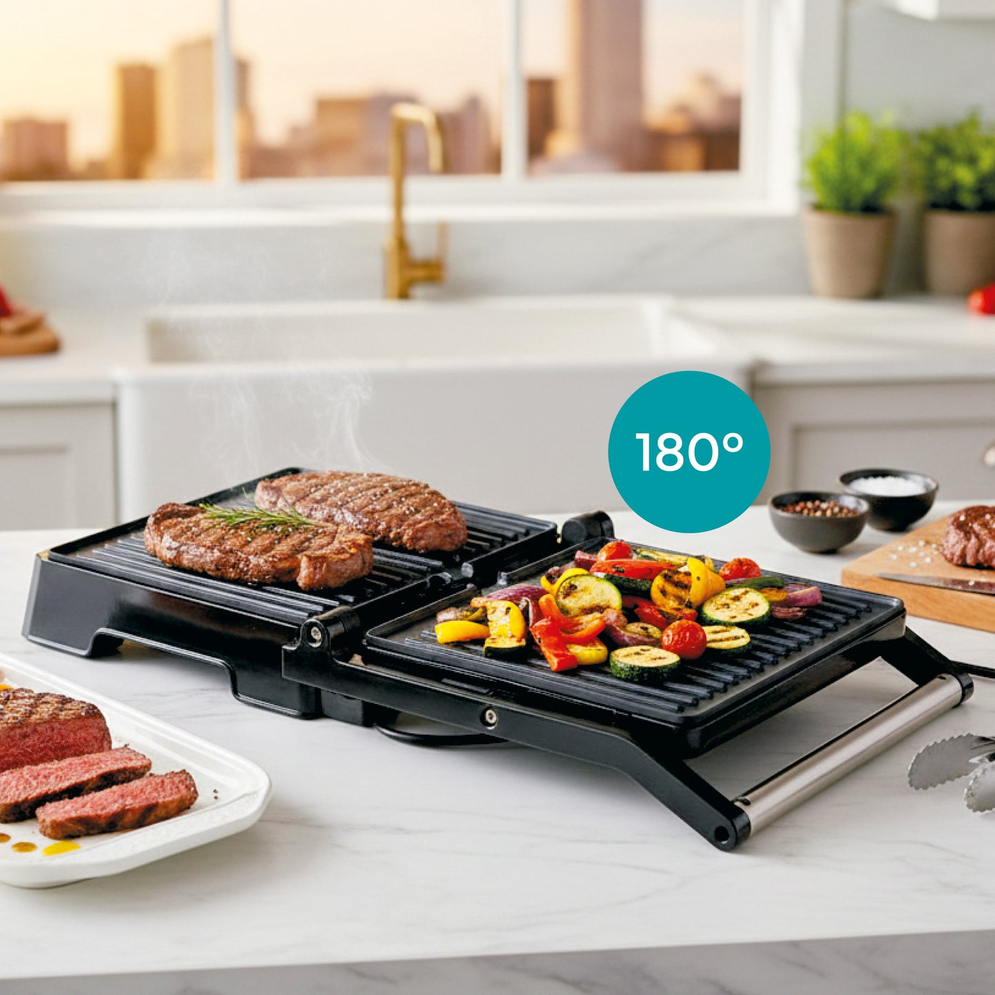 ARIVA-Grill-29x24cm-2 w 1-grill kontaktowy-grill stołowy-opiekacz do kanapek-Powłoka ceramiczna zapobiegająca przywieraniu-Timer-2000W