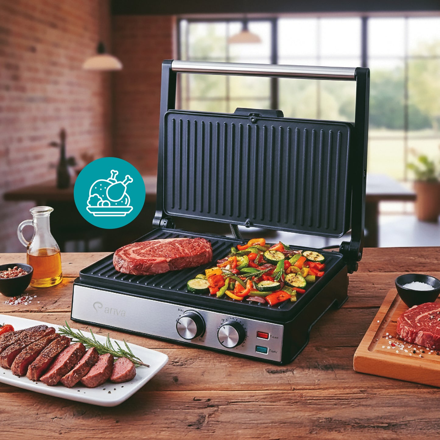 ARIVA-Grill-29x24cm-2 w 1-grill kontaktowy-grill stołowy-opiekacz do kanapek-Powłoka ceramiczna zapobiegająca przywieraniu-Timer-2000W