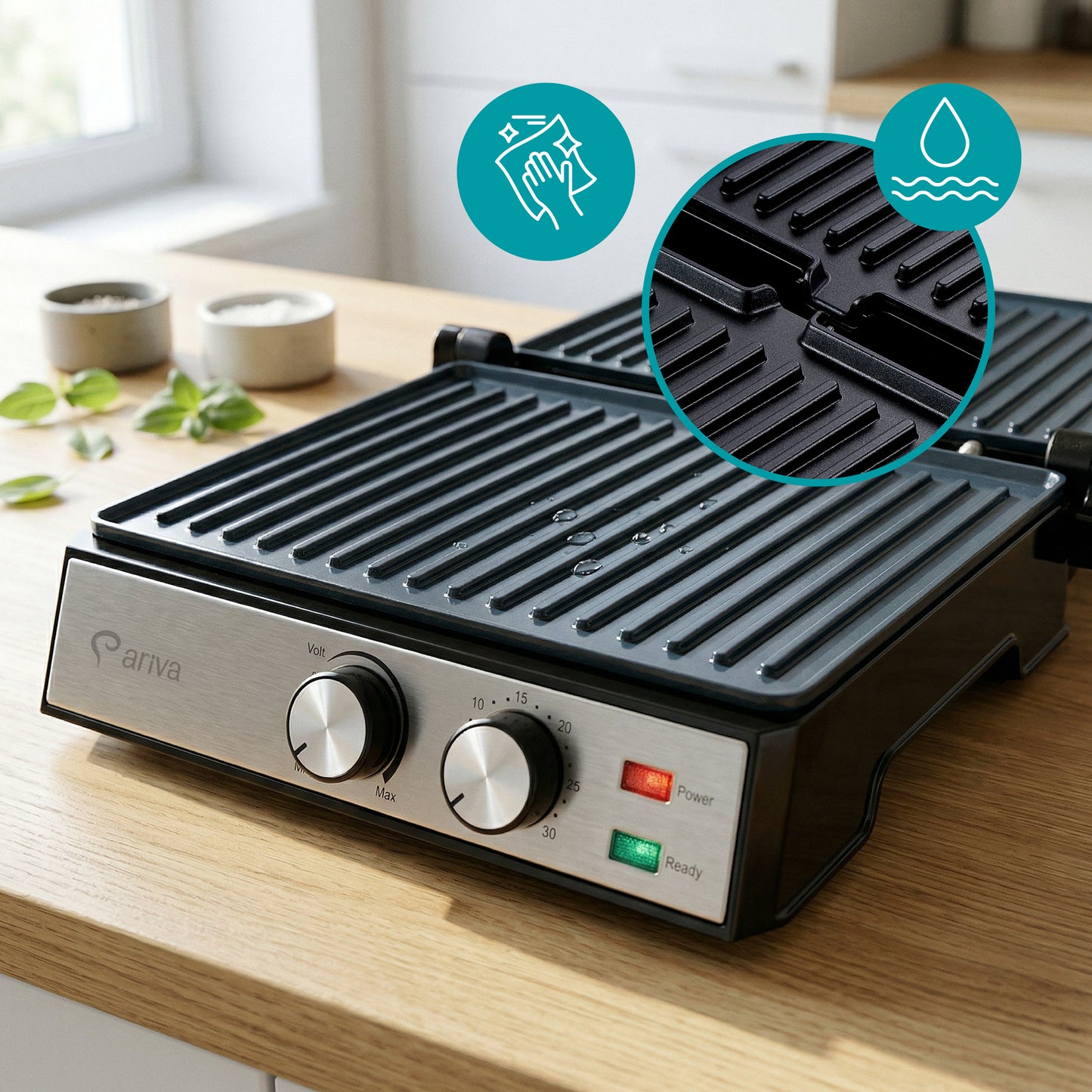 ARIVA-Grill-29x24cm-2 w 1-grill kontaktowy-grill stołowy-opiekacz do kanapek-Powłoka ceramiczna zapobiegająca przywieraniu-Timer-2000W