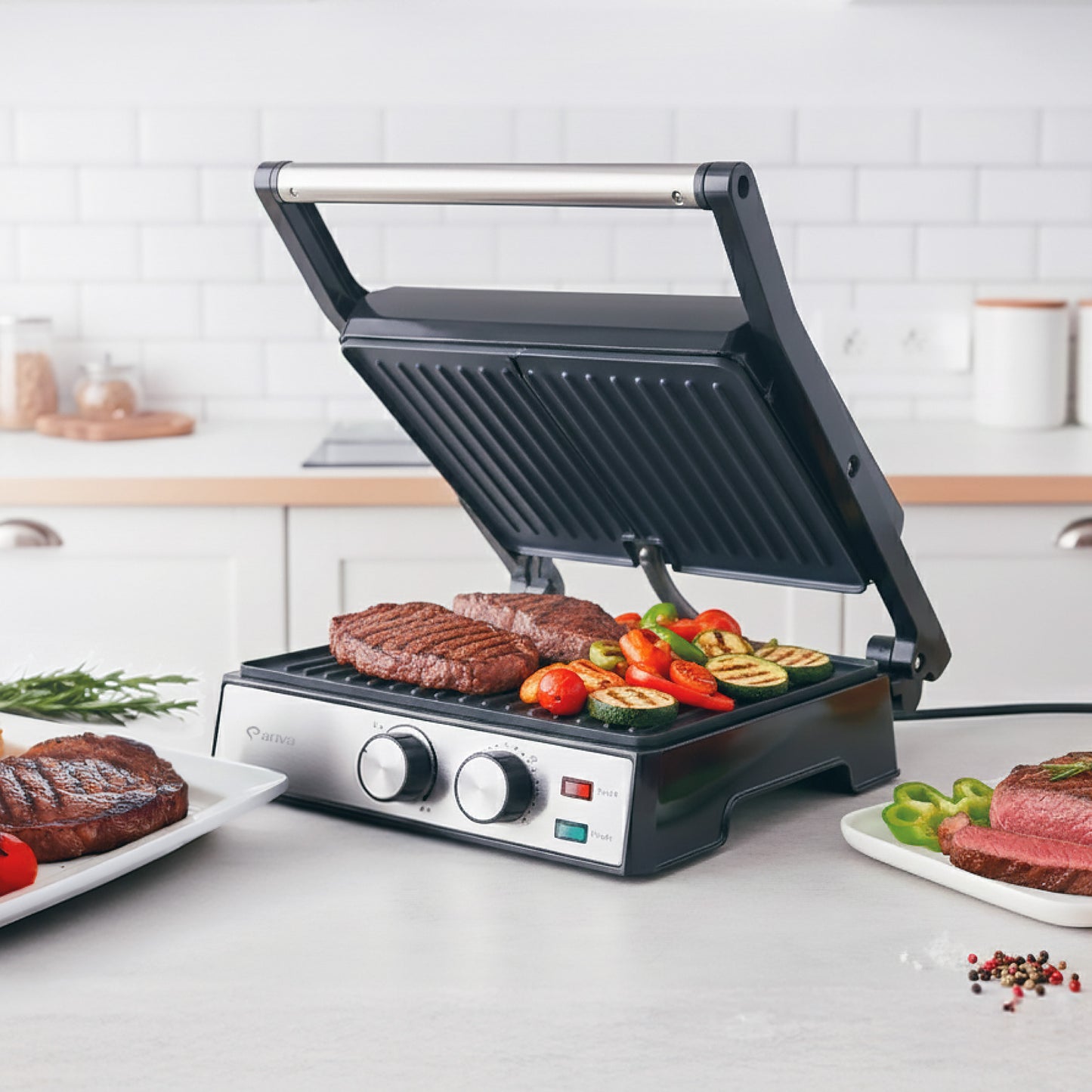 ARIVA-Grill-29x24cm-2 w 1-grill kontaktowy-grill stołowy-opiekacz do kanapek-Powłoka ceramiczna zapobiegająca przywieraniu-Timer-2000W