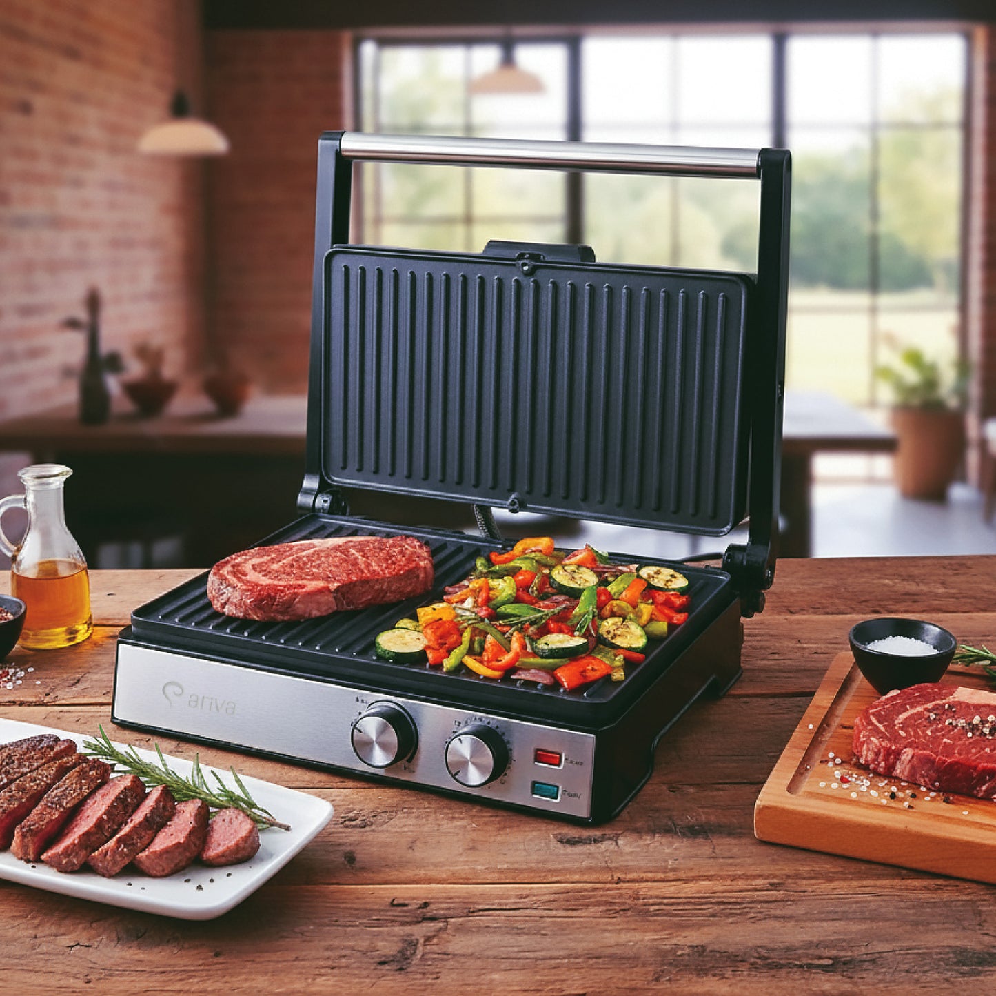 ARIVA-Grill-29x24cm-2 w 1-grill kontaktowy-grill stołowy-opiekacz do kanapek-Powłoka ceramiczna zapobiegająca przywieraniu-Timer-2000W