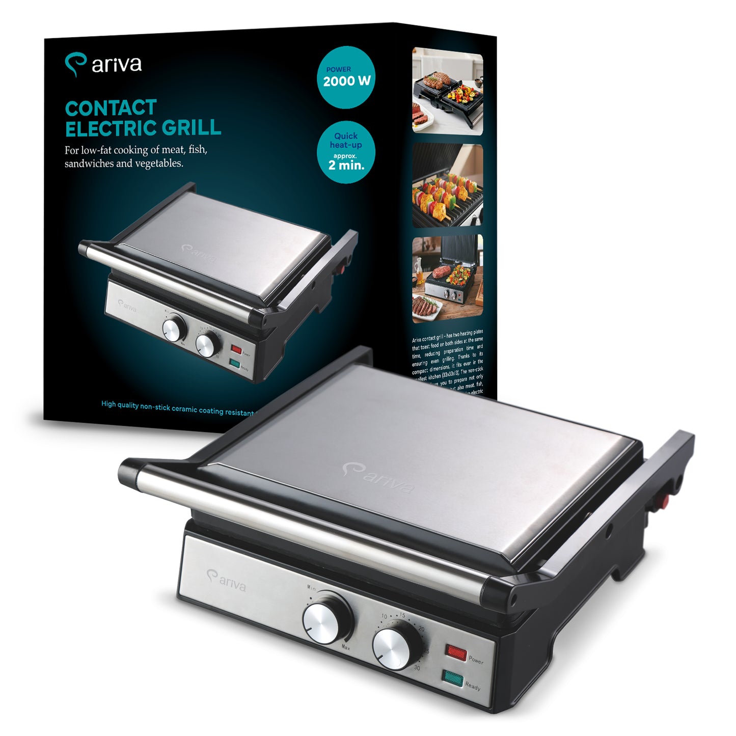 ARIVA-Grill-29x24cm-2 w 1-grill kontaktowy-grill stołowy-opiekacz do kanapek-Powłoka ceramiczna zapobiegająca przywieraniu-Timer-2000W