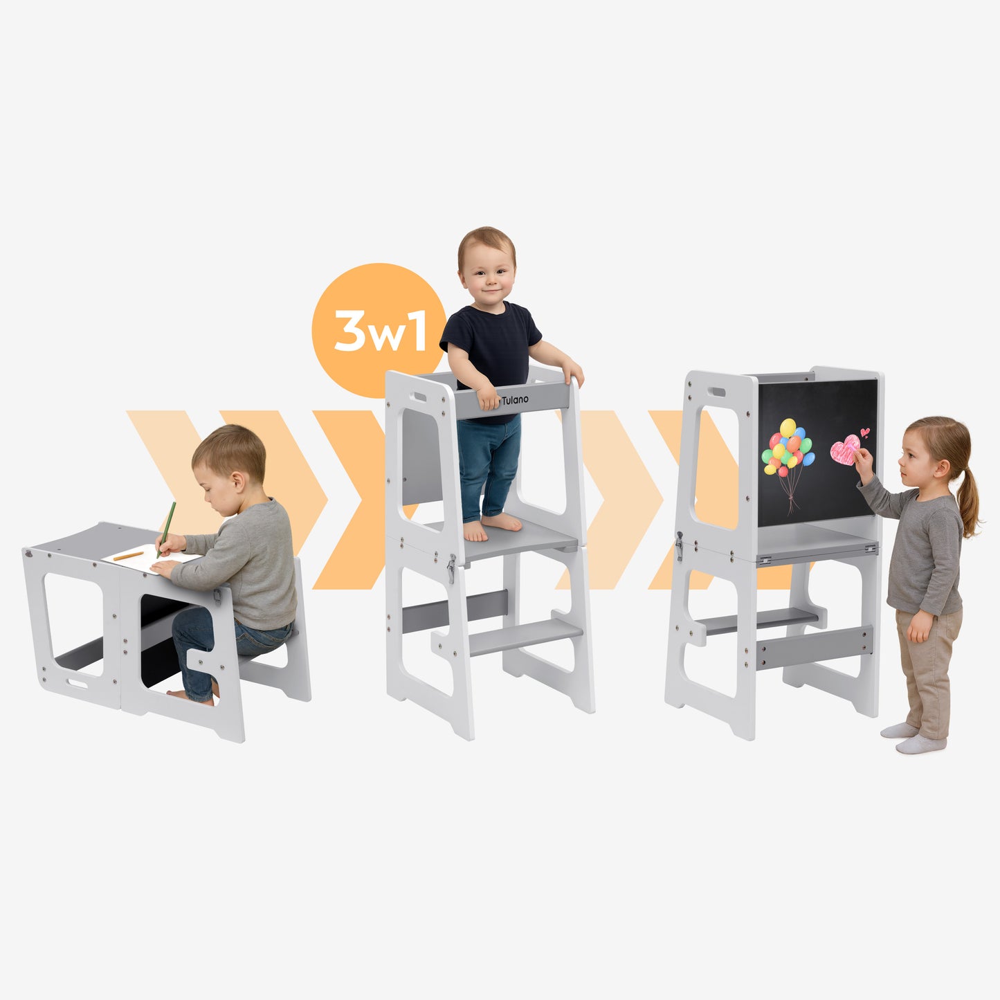 Tulano-Mooby 35-Keukenhelper-Opstapper-Kinderen-3 in 1-tot 60 kg-Wit/grijs