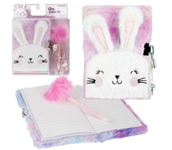 Starpak dagboek met oordopjes - koptelefoon - hoofdtelefoon– pluche – zacht - fluffy – 13x18cm - konijn