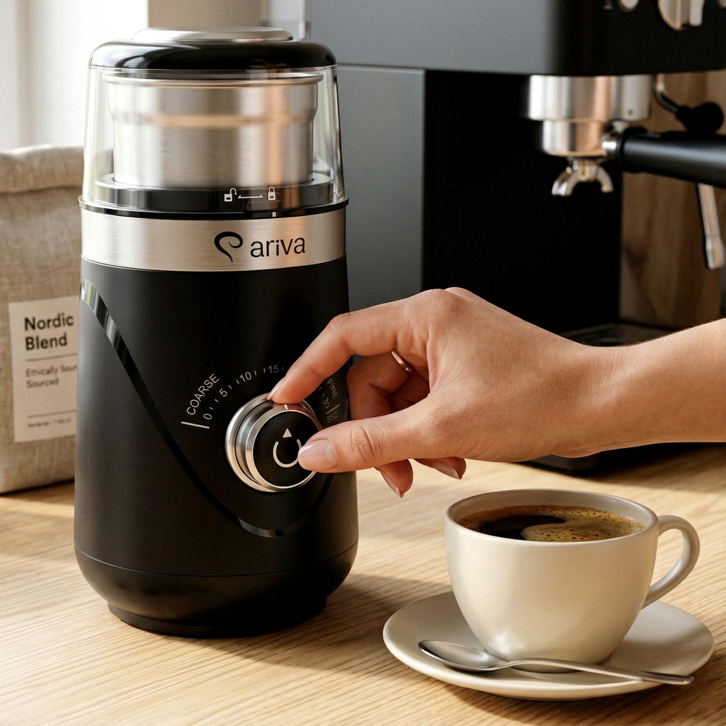 ARIVA-Elektrische koffiemolen-Voor koffiebonen, noten, kruiden en zaden-Instelbare maalgraad-Stil-Met timer en roestvrijstalen messen