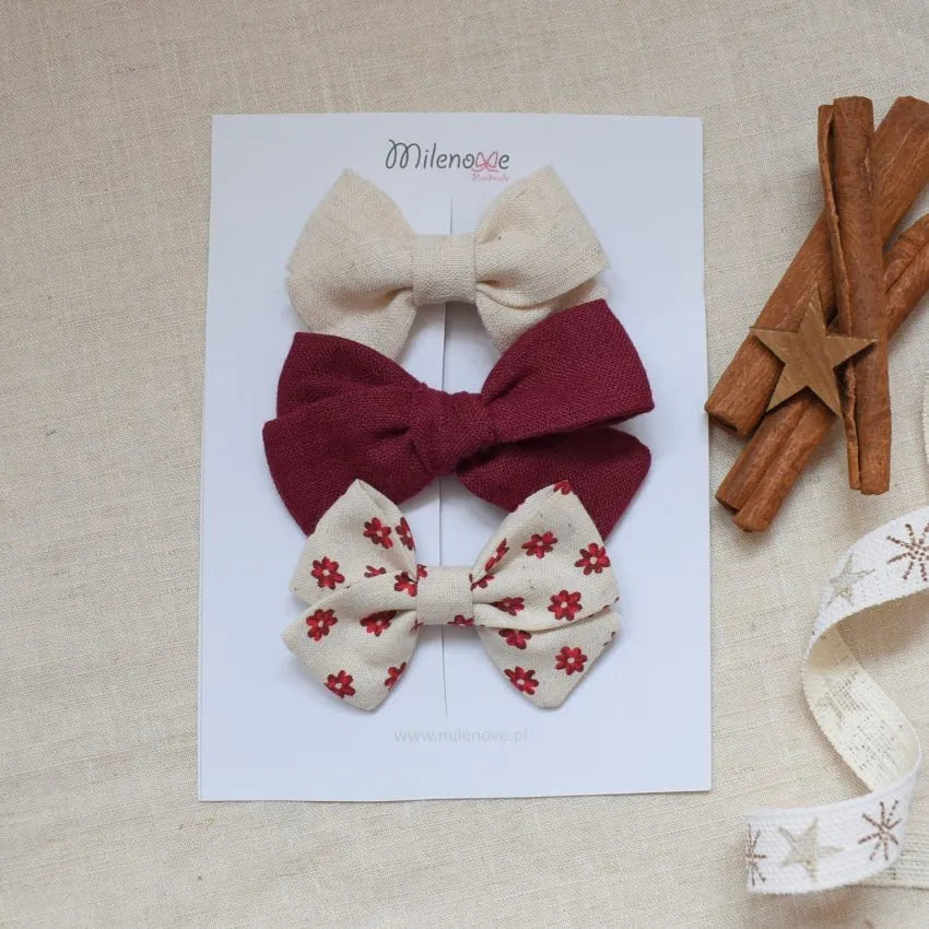 Bordeauxrode bloemen strikjes-set