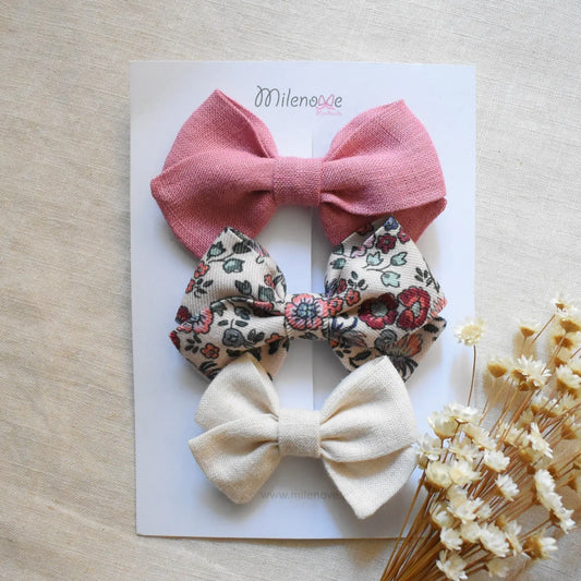 Roze strikjes met bloemen-set