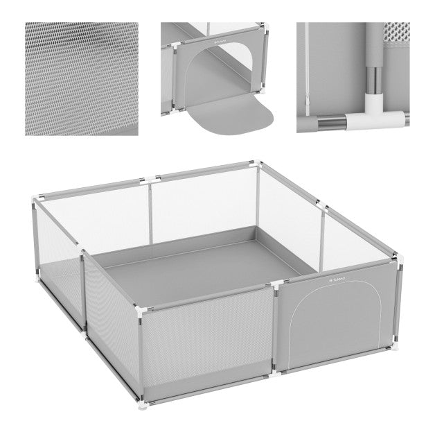 Tulano - Cozy 28 - babybox - kinderbox – 180x200 cm – voor binnen en buiten – grijs/wit – ademend gaas – EN71-gecertificeerd – 6 tot 36 maanden